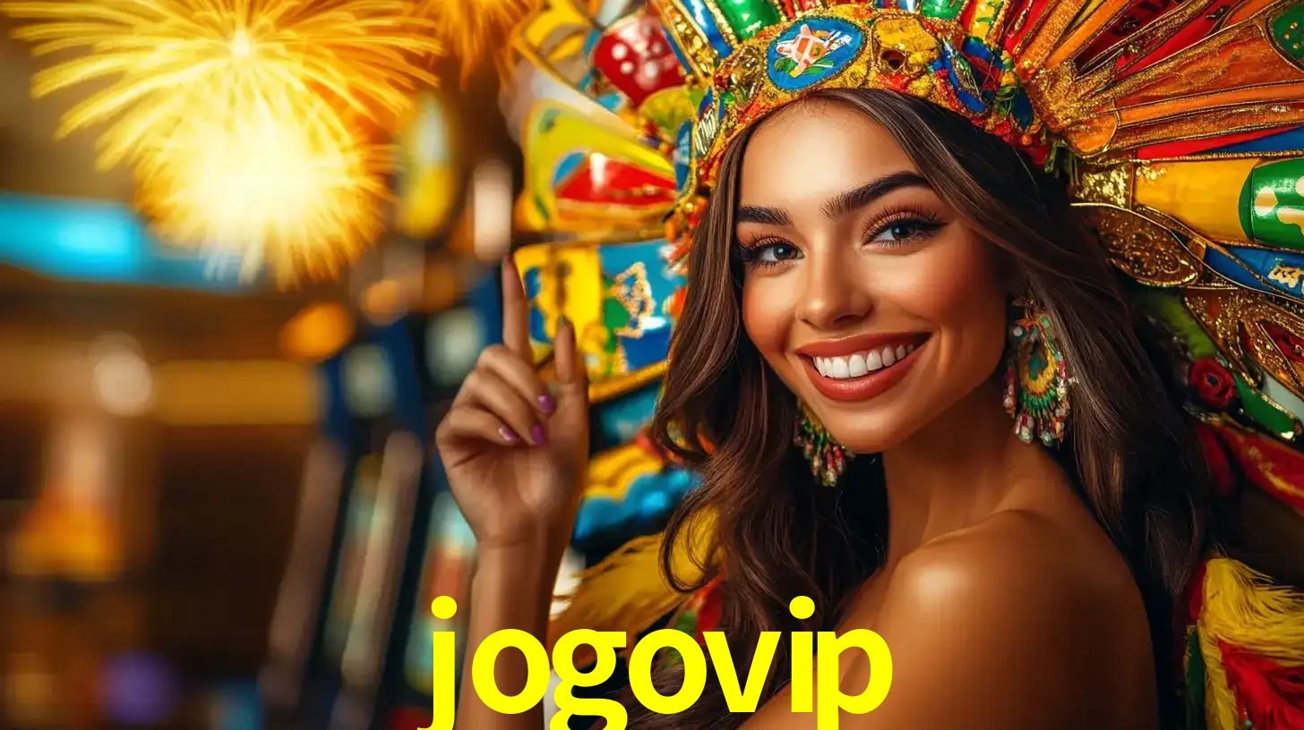 Mulher sorridente com um cocar de carnaval vibrante e colorido, celebrando uma grande vitória nos jogos do cassino jogovip com fogos de artifício ao fundo.