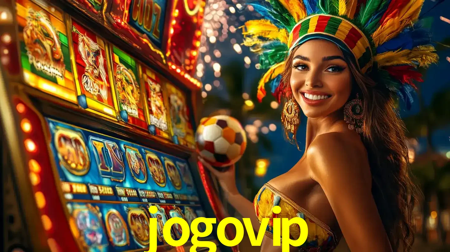 Mulher com um cocar de carnaval ao lado de uma máquina de caça-níqueis enquanto segura uma bola de futebol, mostrando a união da diversão de cassino e esportes no jogovip.