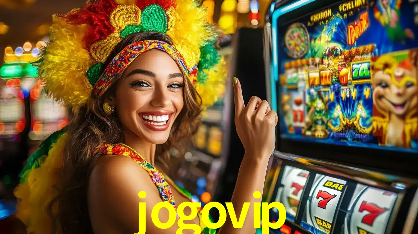 Mulher animada com um cocar de carnaval apontando para uma máquina de caça-níqueis, mostrando a emoção de ganhar um grande prêmio nos jogos do jogovip.