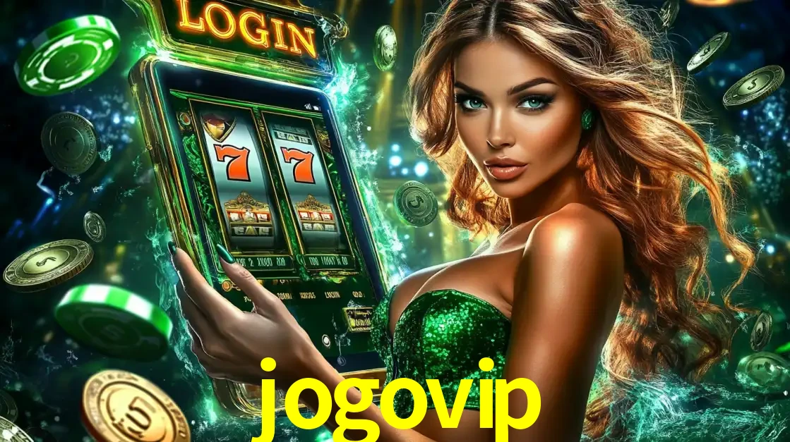 Mulher com tema verde apresentando o aplicativo do cassino jogovip com um jogo de slot de 777, cercada por fichas de cassino e uma aura de sorte.