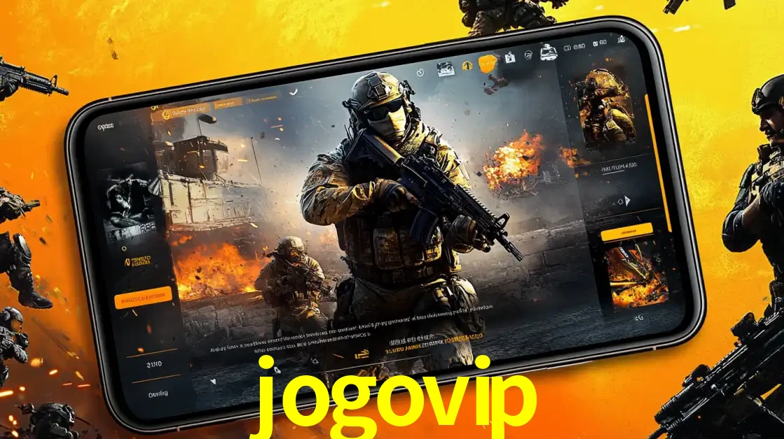 Um smartphone exibindo a interface de um jogo de tiro em primeira pessoa, com um soldado em um cenário de batalha, representando a ação dos e-sports para apostar no jogovip.