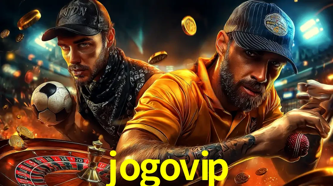 Montagem de apostas esportivas e cassino no jogovip, com um homem segurando uma bola de futebol e outro uma de beisebol sobre uma roleta e moedas voadoras.