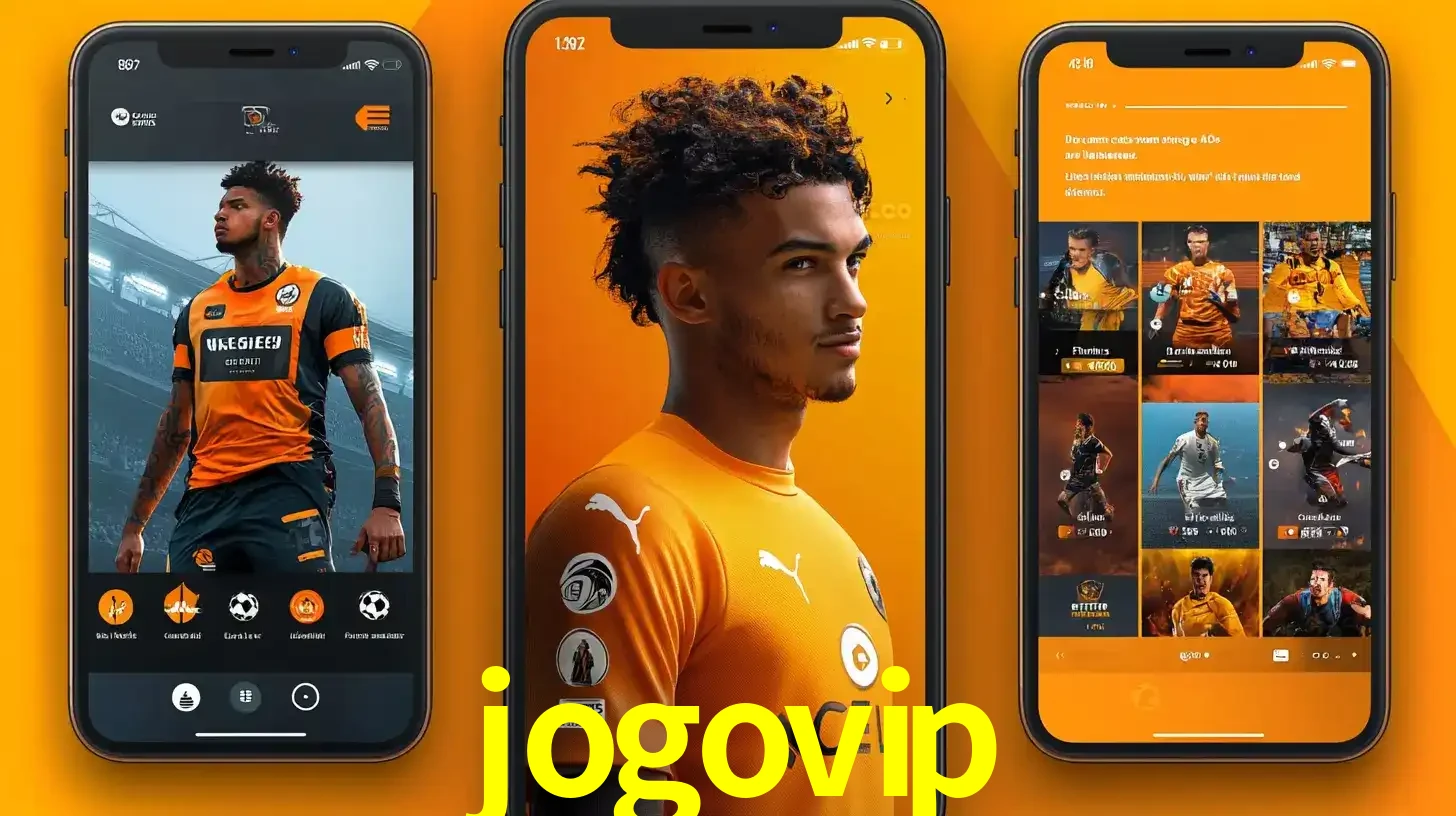 Interface do aplicativo de apostas esportivas jogovip em três telas de celular, mostrando o perfil de um jogador de futebol e a lista de jogos disponíveis para apostar.