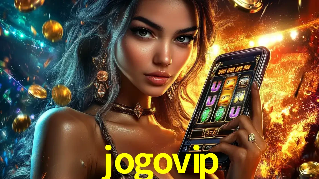 Mulher elegante mostrando um jogo de caça-níqueis em seu smartphone, destacando a experiência de cassino móvel oferecida pelo aplicativo jogovip.