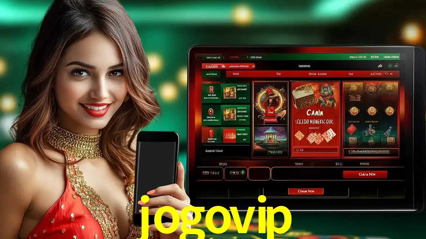 Mulher sorridente segurando um smartphone, ao lado de uma tela exibindo o lobby de jogos do cassino online jogovip, com várias opções de jogos de cartas e slots.